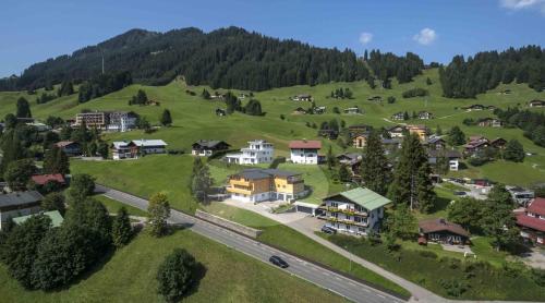 an aerial view of a village in a mountain at Ferienwohnung Riezler in Hirschegg