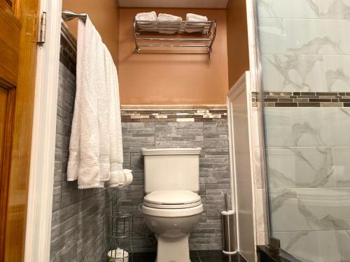 a small bathroom with a toilet and a shower at Alina & Fanny - Philadelphia 1210 Mt Vernon St in Philadelphia
