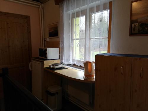 a kitchen with a counter and a window with a microwave at Penzion Ski in Karlova Studánka