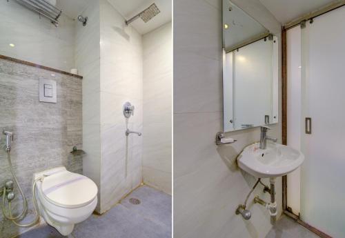 2 Bilder eines Badezimmers mit WC und Waschbecken in der Unterkunft Hotel Kaushal Palace in Neu-Delhi
