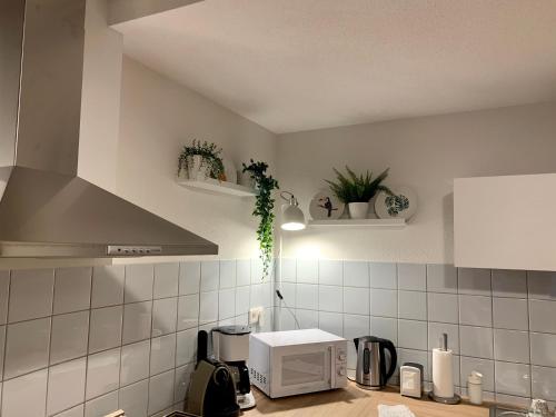 una cucina con piano di lavoro e forno a microonde di Appartements des 2 Têtes a Colmar