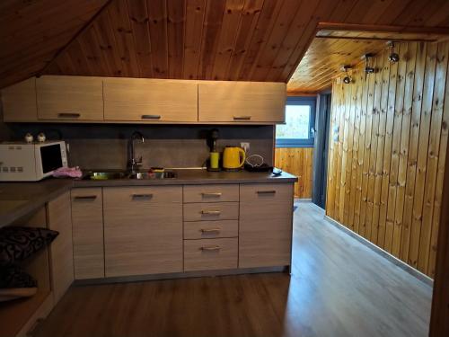 a kitchen with wooden cabinets and a sink and a microwave at Loft in Palamás