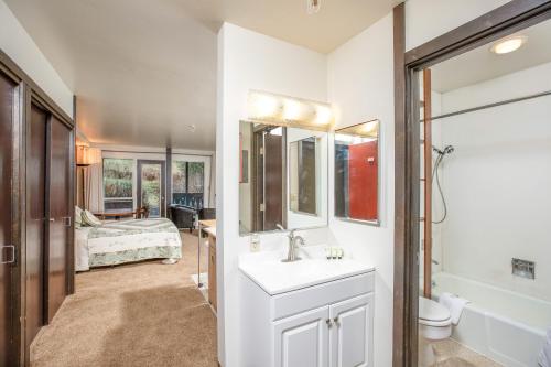 1 dormitorio y baño con lavabo y aseo. en East Condo #208, en Girdwood