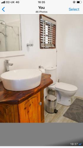 a bathroom with a white sink and a toilet at Ogumka, Self catering , Beoliere, Mahe in Victoria