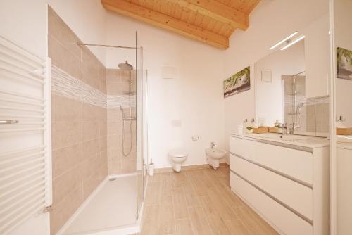 une salle de bain avec douche, lavabo et toilettes dans l'établissement Apartments Villa Bougainville, à San Felice del Benaco