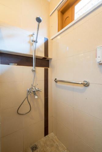 a shower in a bathroom with a shower head at Dennis Holiday Bungalow in Jasri
