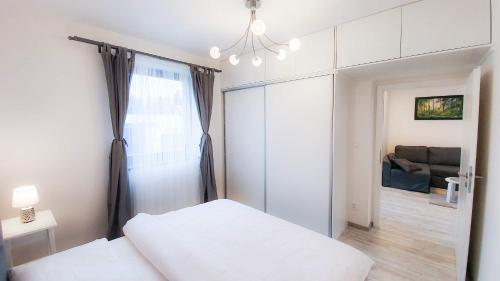 sypialnia z łóżkiem, oknem i kanapą w obiekcie Apartment Mumlava Harrachov 1 w mieście Harrachov