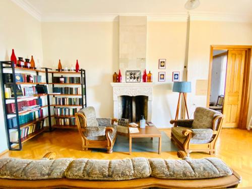 a living room with a couch and chairs and a fireplace at Guesthouse Zedafoni in Zestafoni