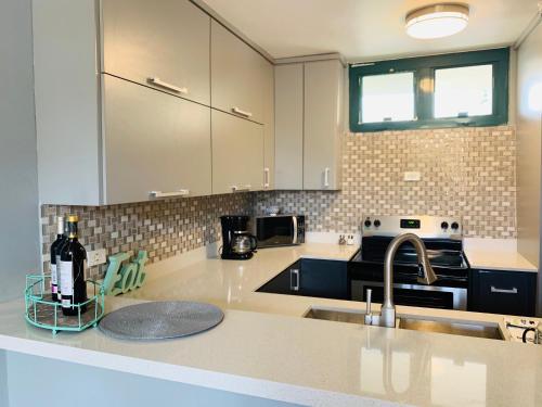 a kitchen with a sink and a counter top at Mar Azul Bay View Apartment in Boqueron