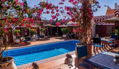 a pool at a hotel with pink flowers at Le Petit Riad Maison d'hôtes in Ouarzazate