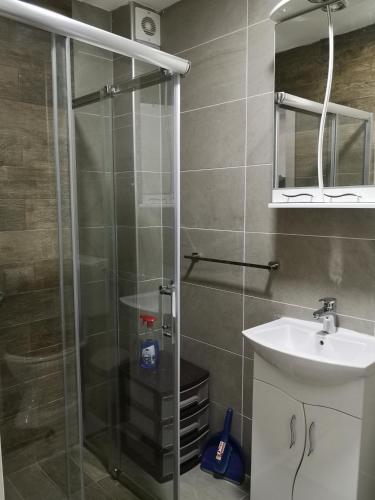 a bathroom with a shower and a sink at Apartman Downtown in Vrnjačka Banja
