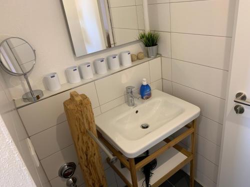 a bathroom with a sink and a mirror at Friedenweiler Haus Ellenberg by Kuckucksnester in Friedenweiler