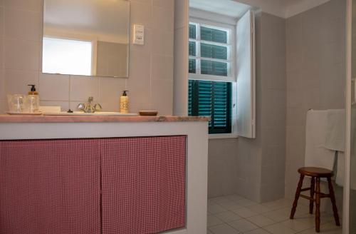 a bathroom with a sink and a mirror at Quinta das Buganvílias in Castelo Branco