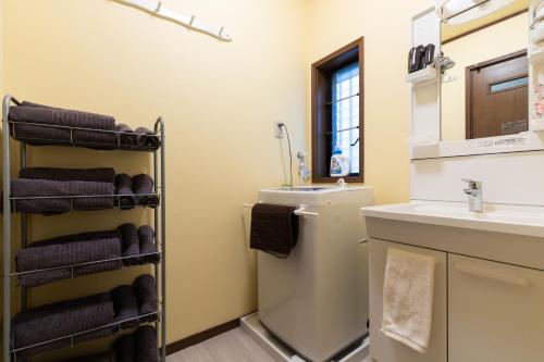 a bathroom with a sink and a toilet and a mirror at Asakusa Skytree View House in Tokyo