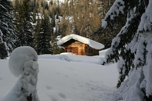 a log cabin with a snow covered roof at Garni Miravalle in Moena