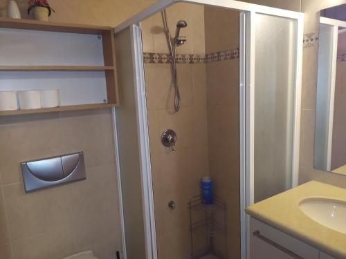 a bathroom with a shower and a toilet and a sink at Holiday Apartments Eilat in Eilat