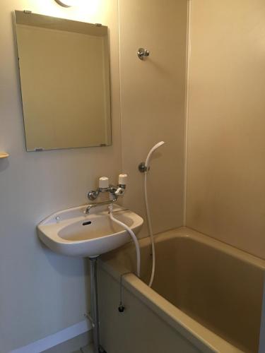 La salle de bains est pourvue d'un lavabo, d'un miroir et d'une baignoire. dans l'établissement Utopia Wakamiya 207 / Vacation STAY 5372, à Fukuoka