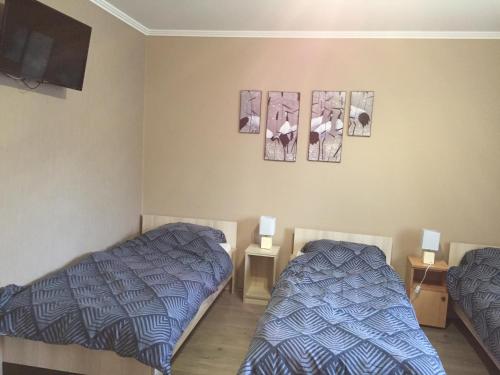 a room with two beds and a tv on the wall at Alföldi Levendula Vendégház in Cserkeszőlő