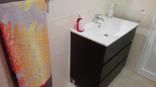 une salle de bain avec un lavabo et un rideau de douche dans l'établissement Apartamento Villa, à Ponta do Sol