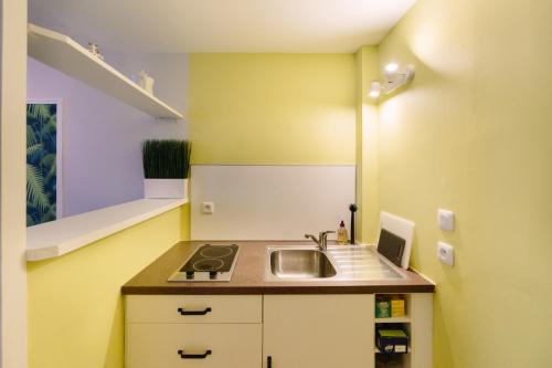 une petite cuisine avec un évier et une cuisinière dans l'établissement Le Trendy - Duplex pétillant : Place Graslin / Dobrée, à Nantes