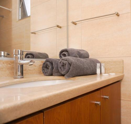 uma casa de banho com lavatório e toalhas no balcão em Bellavista Travel Suites em Santiago