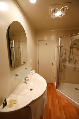 a bathroom with a sink and a shower at Rocky Mountain Chalets Ohakune in Ohakune