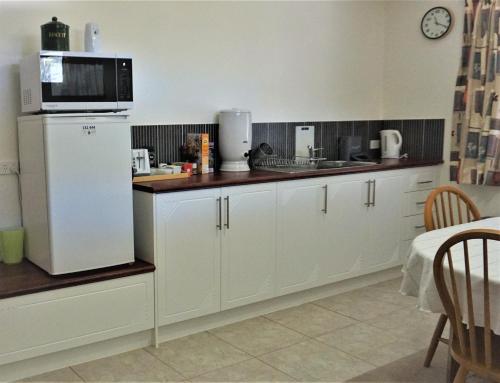a kitchen with a white refrigerator and a microwave at Broxholme B&B in Denmark