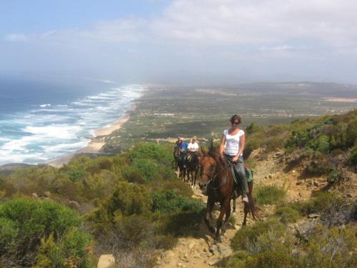 a group of people riding horses on a hill near the ocean at Centro di Turismo Equestre SHANGRILA' in Fluminimaggiore