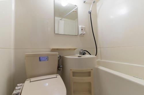W łazience znajduje się toaleta, umywalka i lustro. w obiekcie Hisai Green Hotel w mieście Tsu