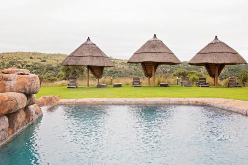 a swimming pool with umbrellas and chairs in a yard at Mahikeng Lodge in Magaliesburg