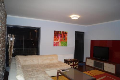 a living room with a couch and a flat screen tv at Apartments Klinovec in Loučná pod Klínovcem