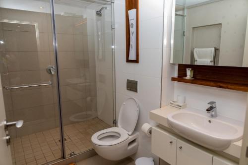 a bathroom with a shower and a toilet and a sink at Zimbali Suite 524 in Ballito