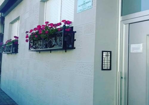 a white wall with a window with flowers on it at HILLS Apartments in Vršac