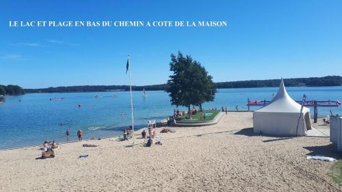 un grupo de personas en una playa cerca del agua en Lacs de l'eau d'heure Amiral 22, en Badon