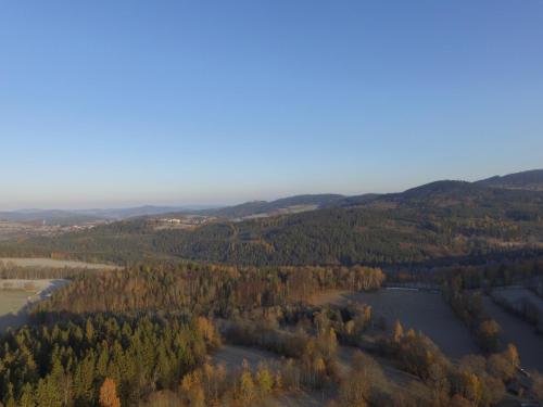 an aerial view of a river and forests at Abgeschiedene Ferienwohnung im Böhmerwald in Kašperské Hory