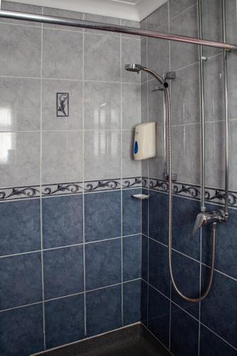 a bathroom with a shower with blue tiles at Oliver Twist Country Inn in Wisbech