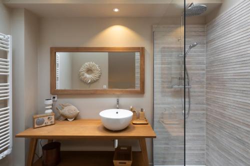 La salle de bains est pourvue d'un lavabo et d'une douche. dans l'établissement Cottage Livingstone by Cocoonr, à Rennes