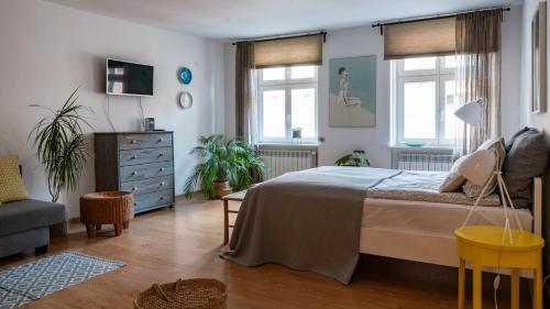 een slaapkamer met een bed, een bank en ramen bij Cocorico Apartments in Poznań