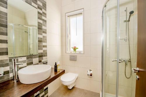 a bathroom with a sink and a toilet and a shower at Hillock Residence Apartments in Marsalforn