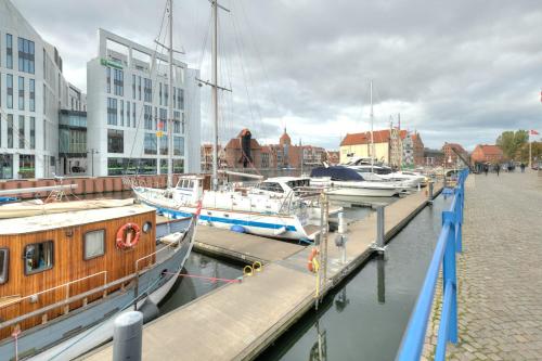 a group of boats are docked at a dock at 3 City Apartments - Waterlane Valhalla in Gdańsk