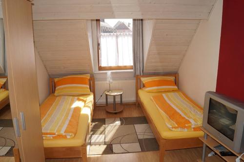 um pequeno quarto com duas camas e uma televisão em Das Altstadthaus em Volkach