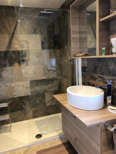 a bathroom with a sink and a shower at Jonan House in Deal