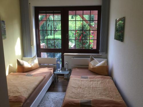 Duas camas num quarto com uma janela em Ferienwohnung Am Park Weimar em Veimar
