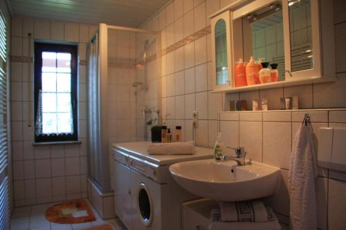 魏瑪的住宿－Ferienwohnung Am Park Weimar，一间带水槽和洗衣机的浴室