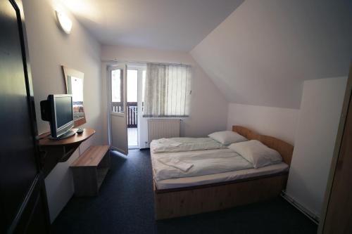 ソバタにあるCasa Micul Arinの小さなベッドルーム(ベッド1台、テレビ付)