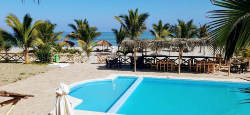 ein Resort mit Pool und Strand mit Palmen in der Unterkunft Palo Santo Blue Hotel in Zorritos