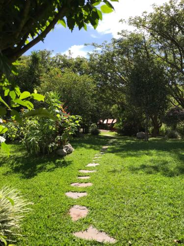 a path through a garden with rocks in the grass at El Sol Monteverde in Monteverde Costa Rica