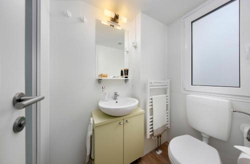 a bathroom with a sink and a toilet and a mirror at KNAUS Campingpark Bad Dürkheim in Bad Dürkheim