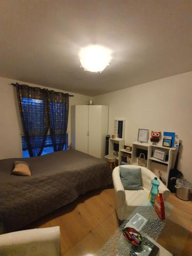 a bedroom with a bed and a couch and a chair at Chambre aux bord de l'Areuse in Areuse