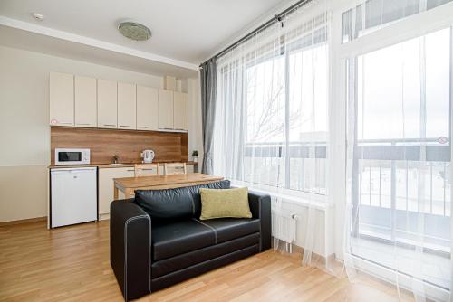 ein Wohnzimmer mit einem Sofa und einer Küche in der Unterkunft Sky Studio near the Vilnius Center in Vilnius